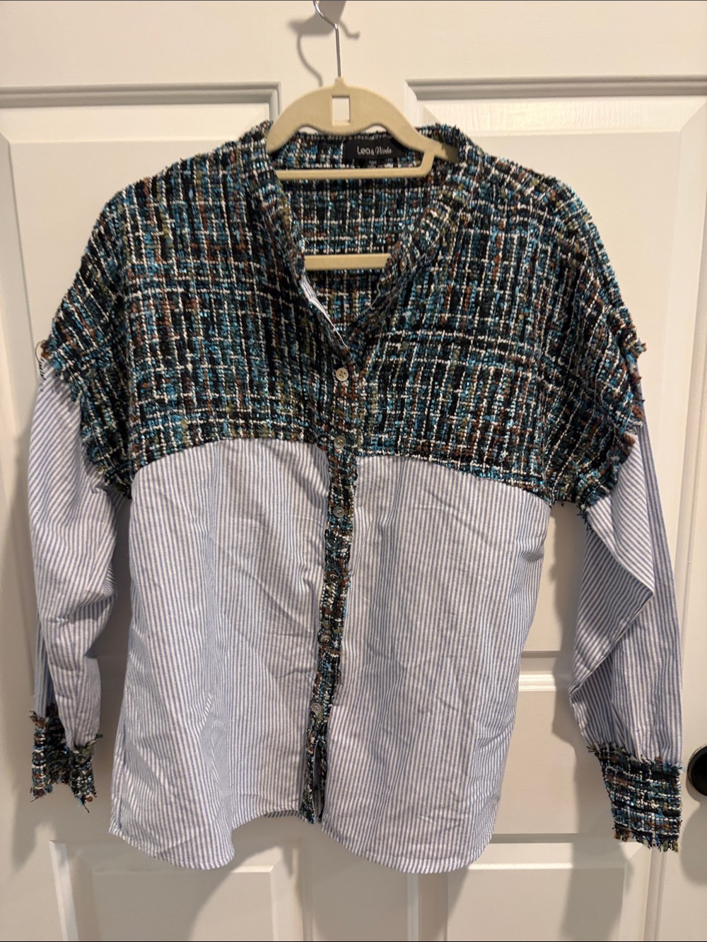 Lea & Viola Blue, Teal & Brown Mixed-Fabric Button-Down Shirt